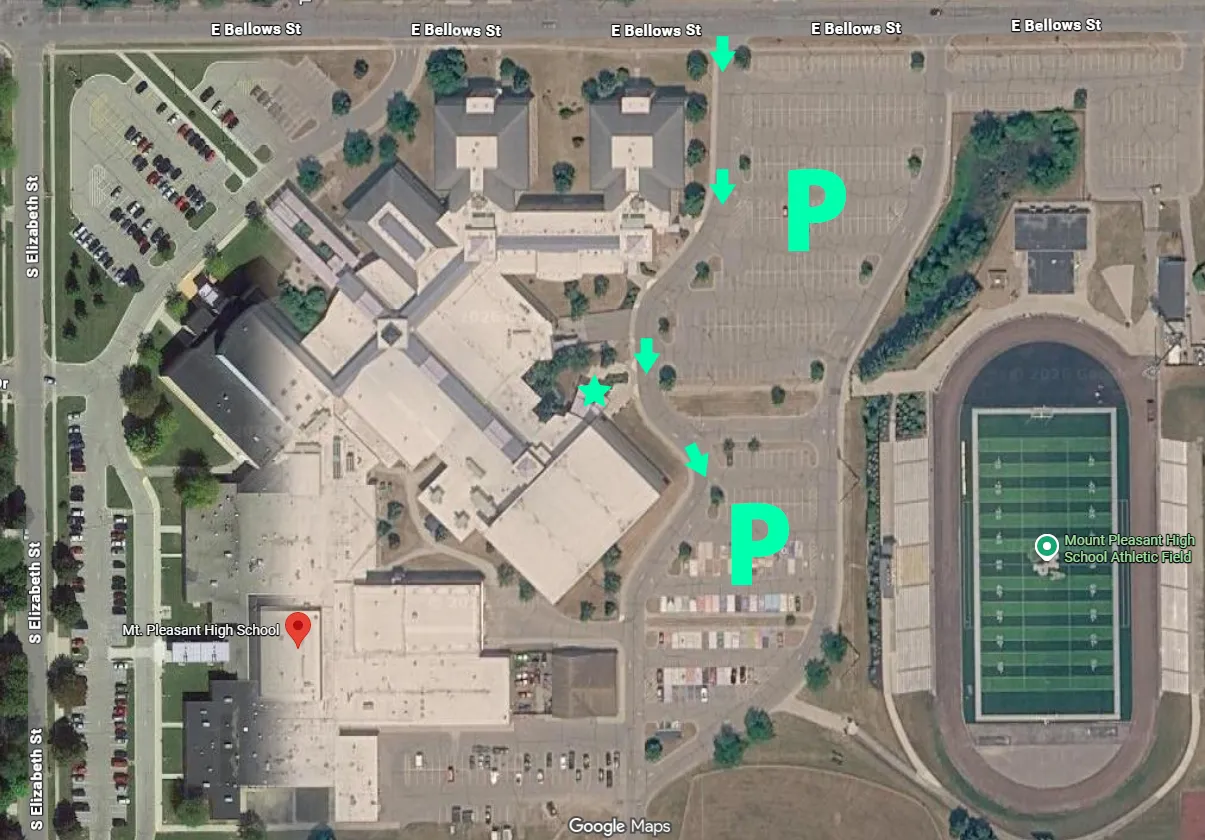 Map of Mt. Pleasant High School and the surrounding area showing the North Entrance and East Lot as preferred for Commencement use.