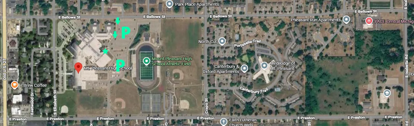 Map of Mt. Pleasant High School and the surrounding area showing the North Entrance and East Lot as preferred for Commencement use.