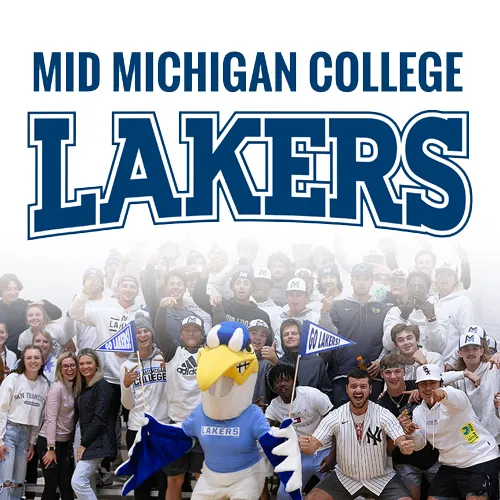 Laker Athletics Logo and group of student fans with Harry the Heron mascot